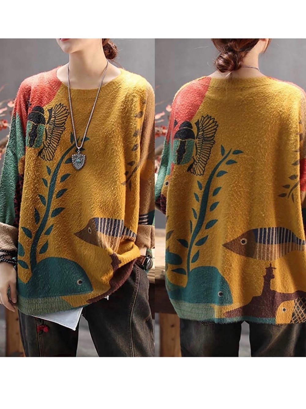 YESNO Women Cotton Wool Super Soft Cozy Art Colorful Fish Print Oversized